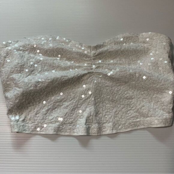 Express Sexy Stretch white Sequin Tube crop Top built it bra lined mcbling Y2K L - Picture 1 of 7